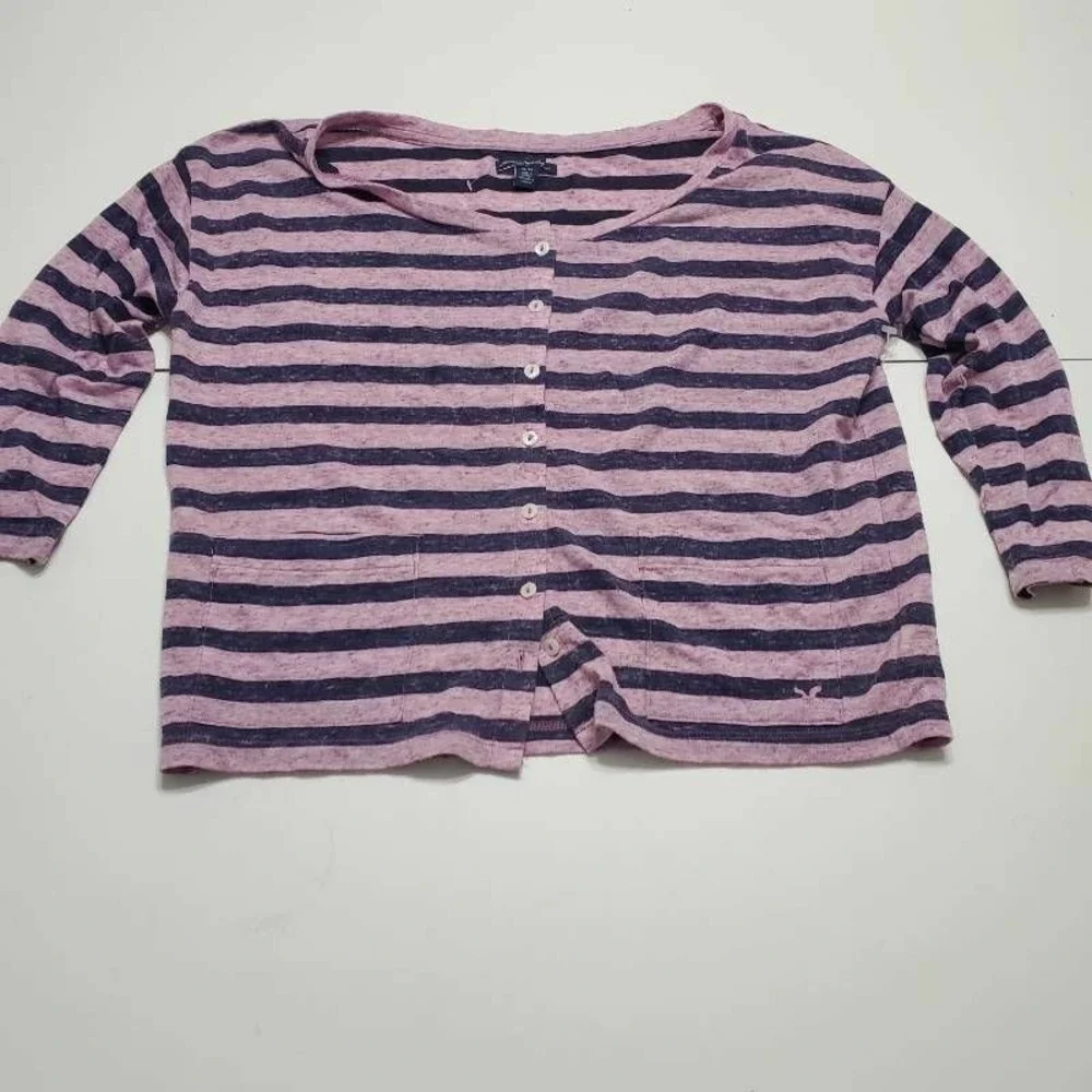 American Eagle Outfitters Womens Cardigan Sweater Pink Blue Stripe 3/4 Sleeve XS